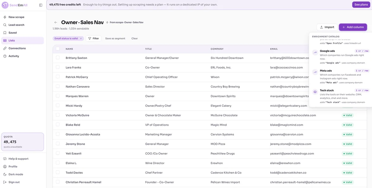 Enrichment catalog on a verified list — Google ads, Meta ads and tech-stack detection at 1 credit per row