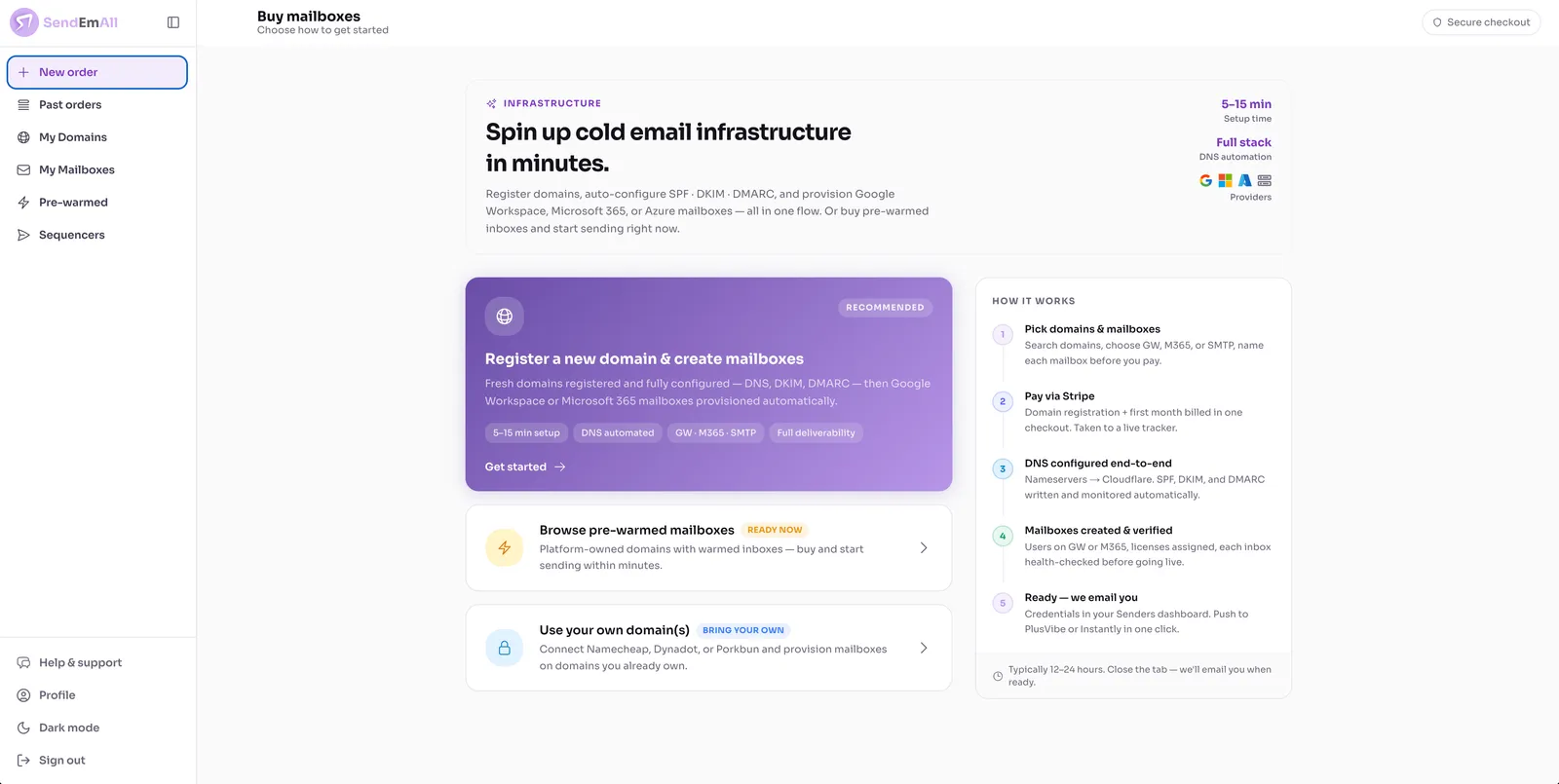 SendEmAll infrastructure — register a domain, auto-configure DNS, and provision Google, Microsoft or SMTP mailboxes in one flow