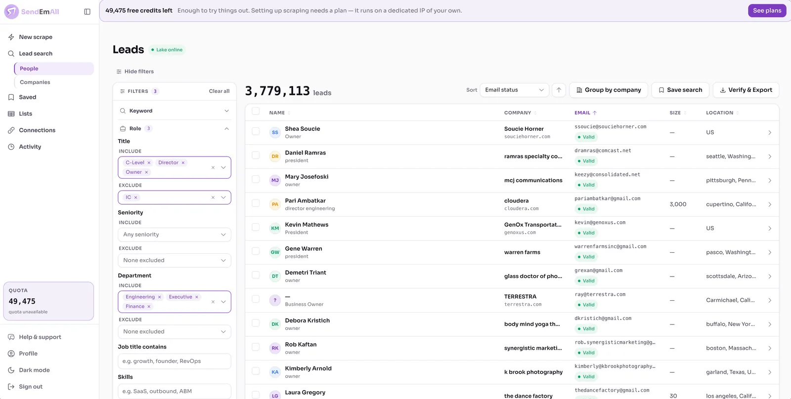 SendEmAll lead search — 3.7 million matches filtered by title and department, every email verified Valid
