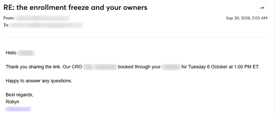 Email confirming a meeting booked through the prospect's calendar for Tuesday 6 October at 1:00 PM ET.