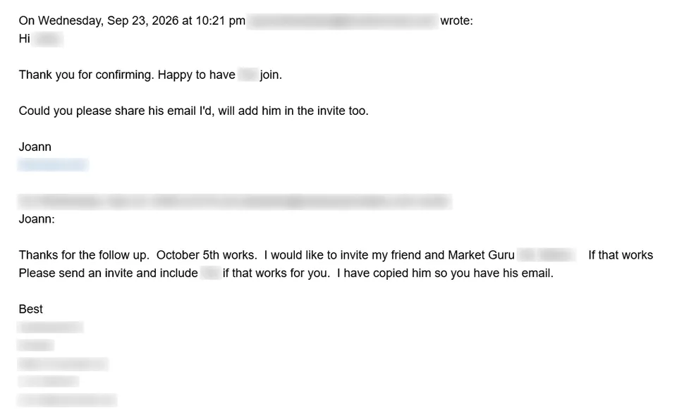 Prospect reply: October 5th works. I would like to invite my friend. Please send an invite and include him.