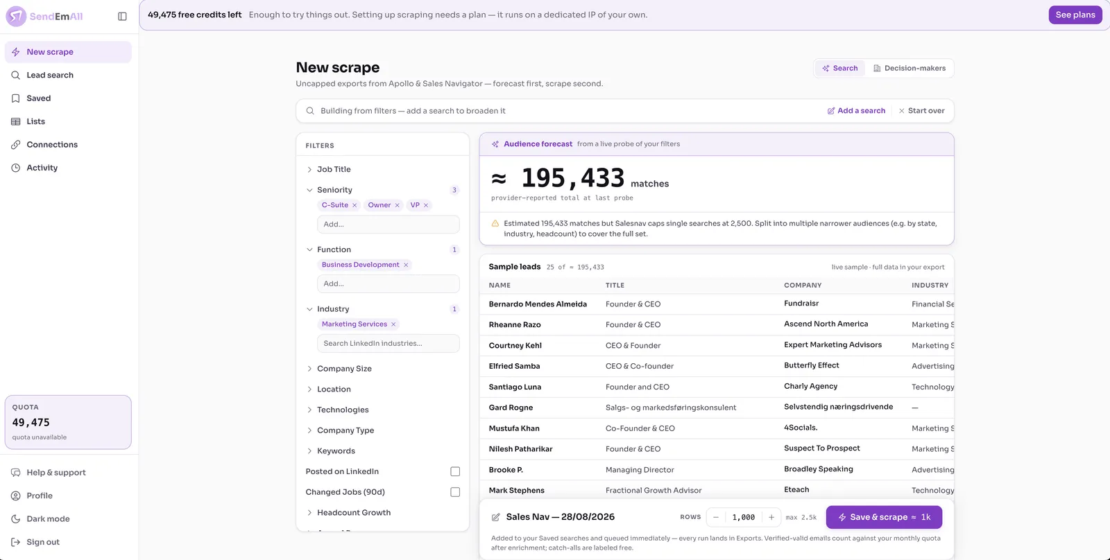 Apollo search results exported and verified inside SendEmAll